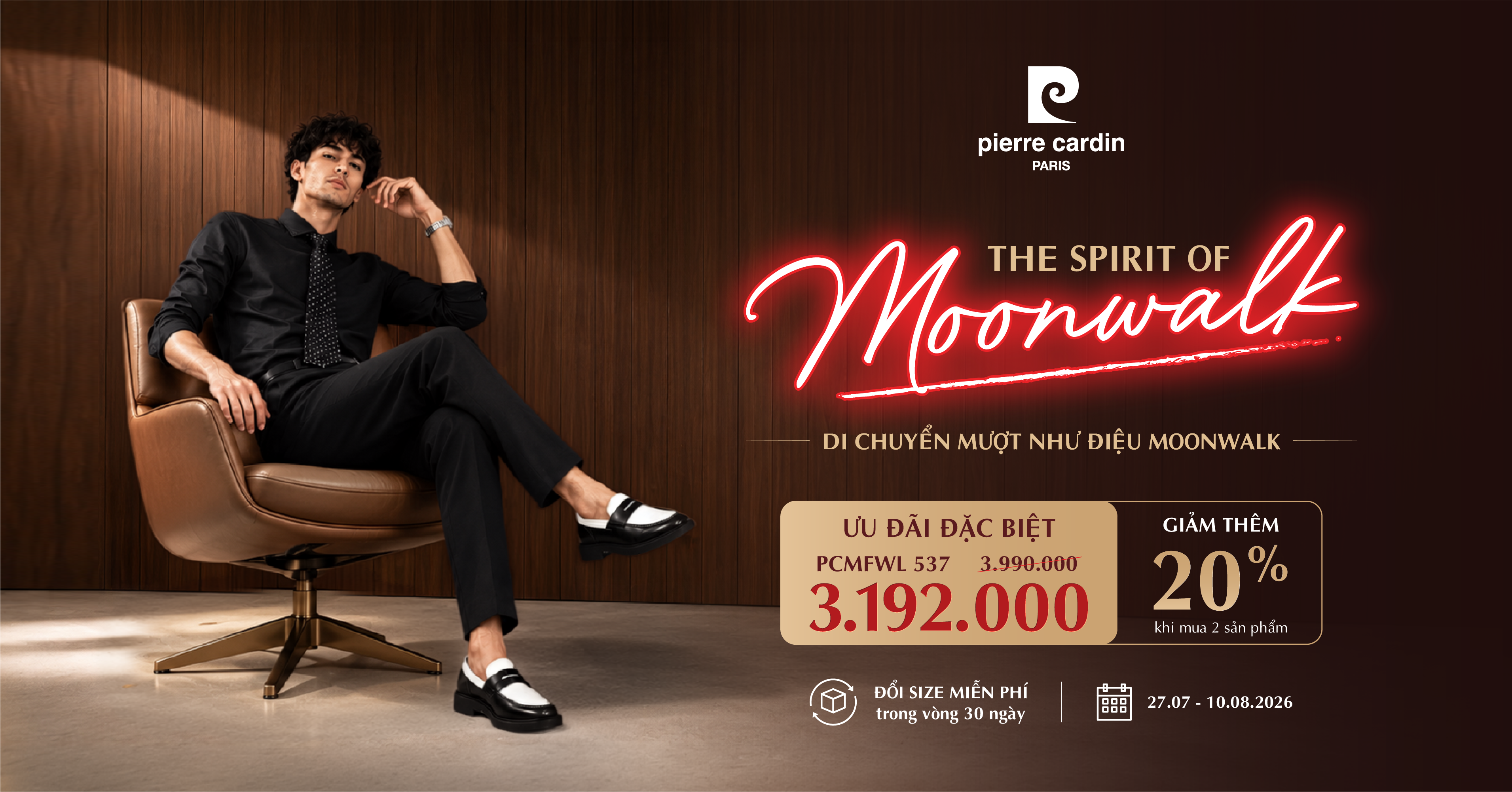 The Spirit of Moonwalk — Penny Loafer 537 (PCMFWL 537). Giá 3.192.000đ thay vì 3.990.000đ, giảm thêm 20% khi mua 2 sản phẩm, từ 27.07 đến 10.08.2026.