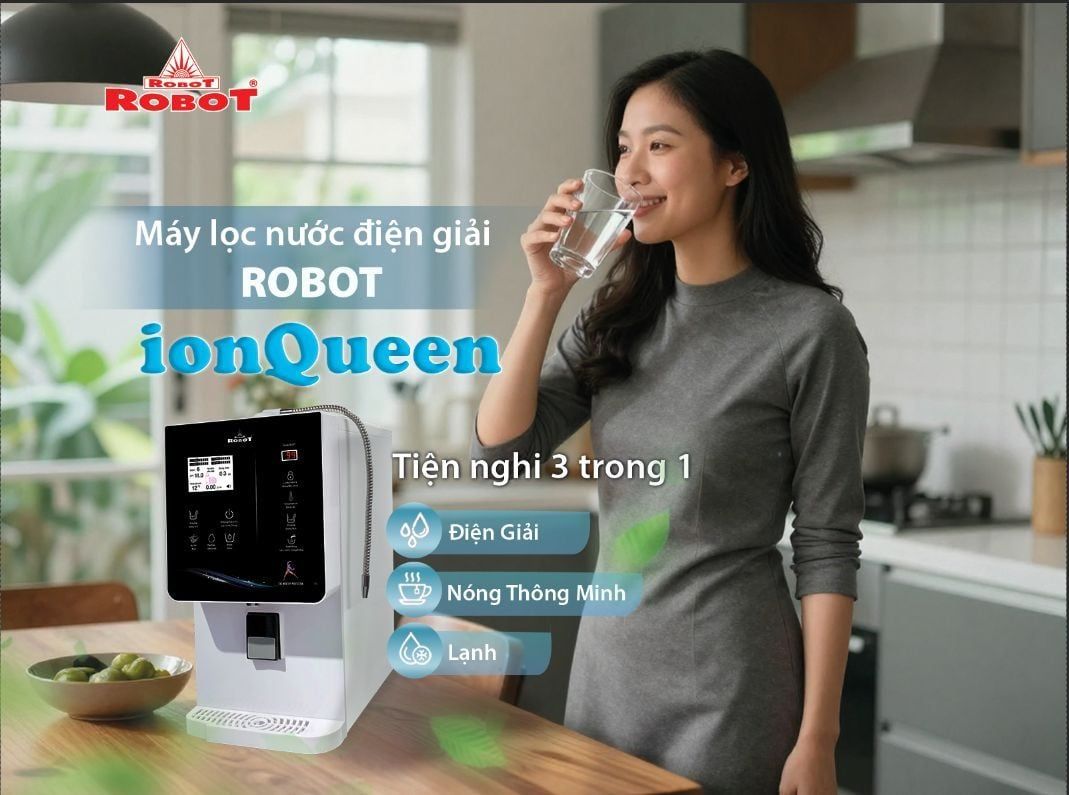 Tiện nghi 3 trong 1 với Máy lọc nước ion kiềm ROBOT ionQueen Điện giải - Nóng - Lạnh (Báo Hà Nội Mới)