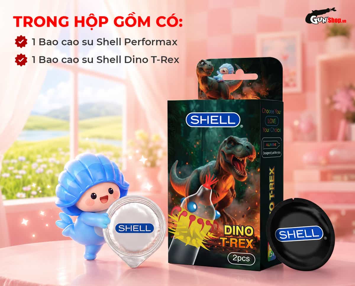 Bên trong hộp bao cao su gồm 1 chiếc Shell Dino T-rex và 1 chiếc bao cao su Shell Performax