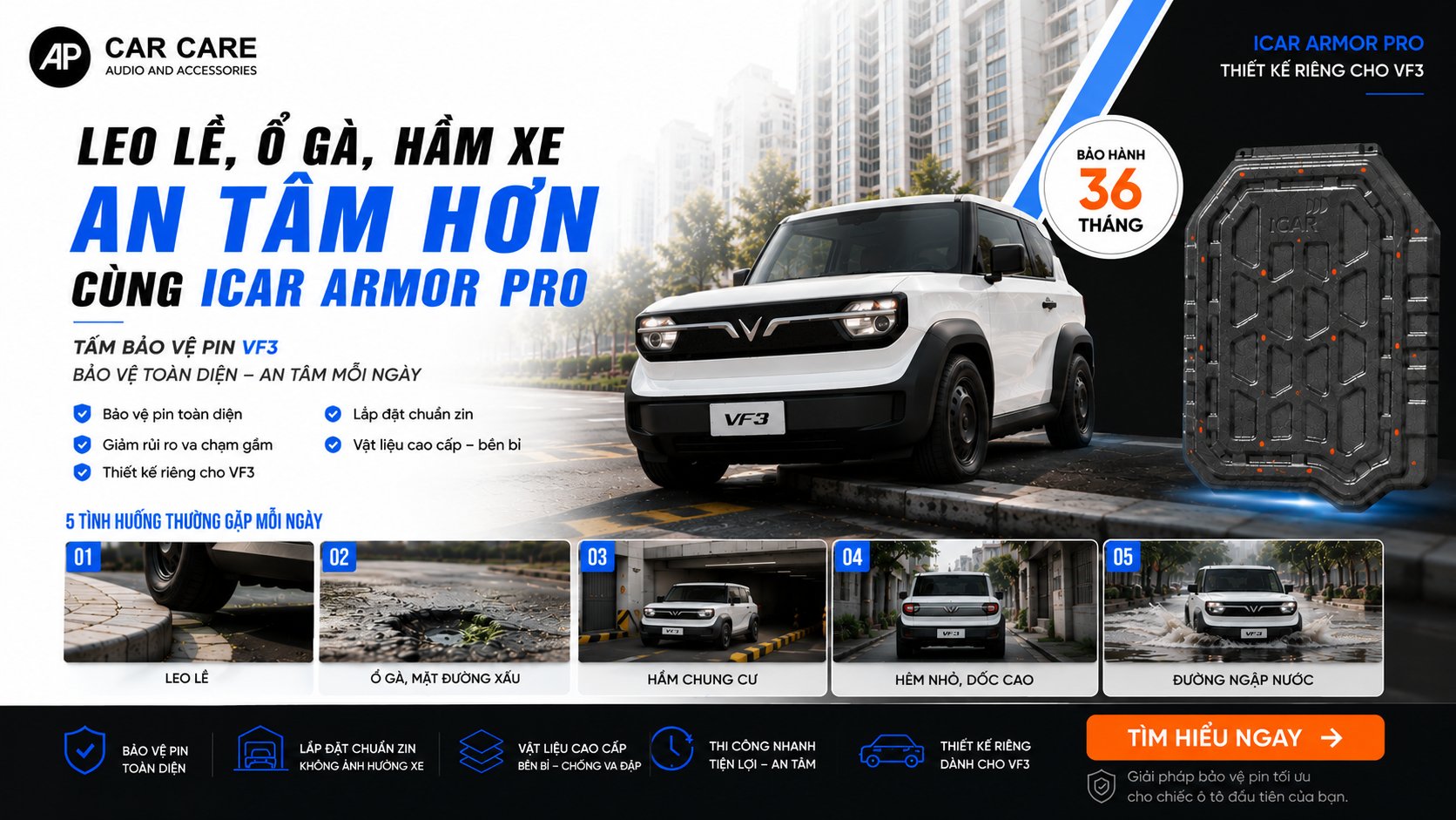Leo lề, ổ gà, hầm xe an tâm hơn cùng tấm bảo vệ pin Icar