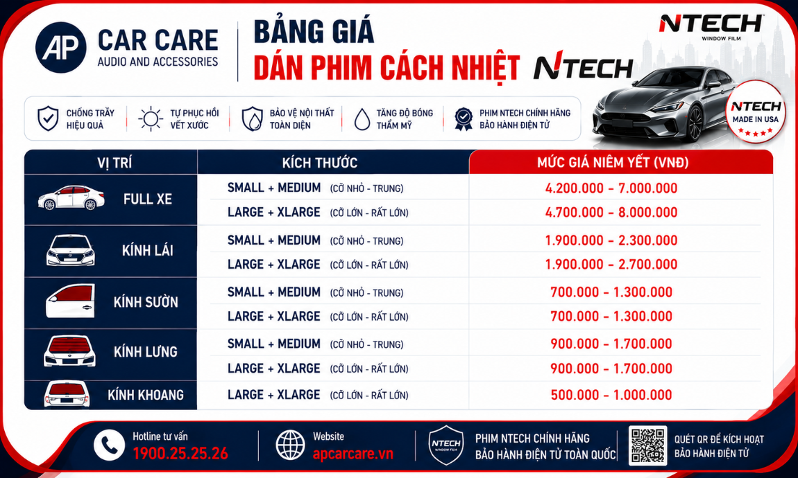 Bảng báo giá dịch vụ dán phim cách nhiệt Ntech