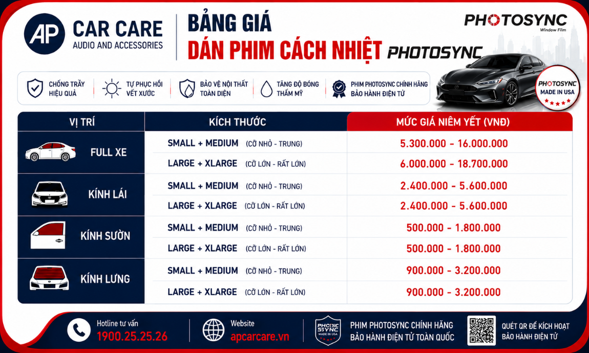 Bảng báo giá dịch vụ dán phim cách nhiệt Photosync