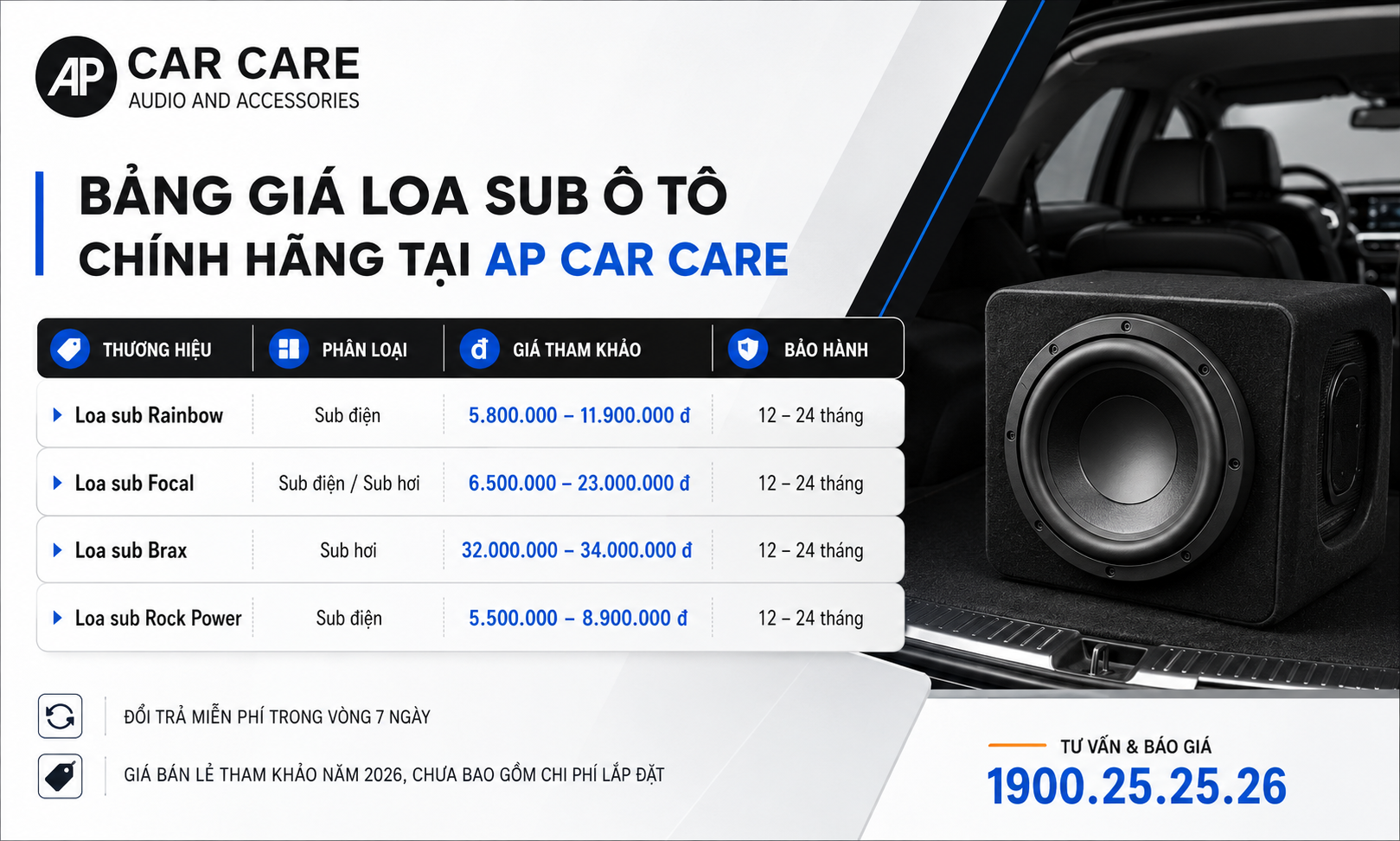 Bảng giá loa sub ô tô chính hãng tại AP Car Care
