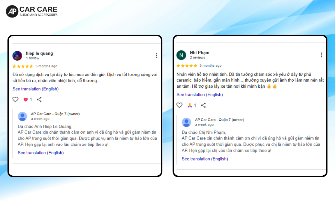 Cảm nhận của khách hàng khi sử dụng dịch vụ tại AP Car Care