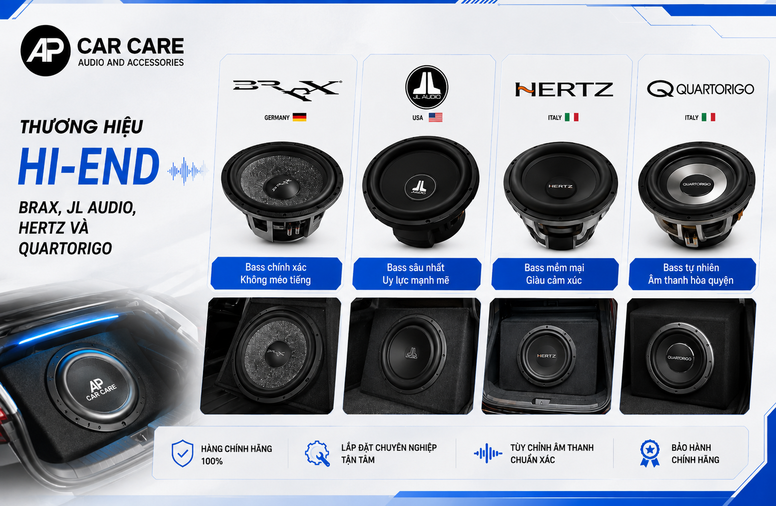 Nhóm thương hiệu Hi-End: Brax, JL Audio, Hertz và Quartorigo
