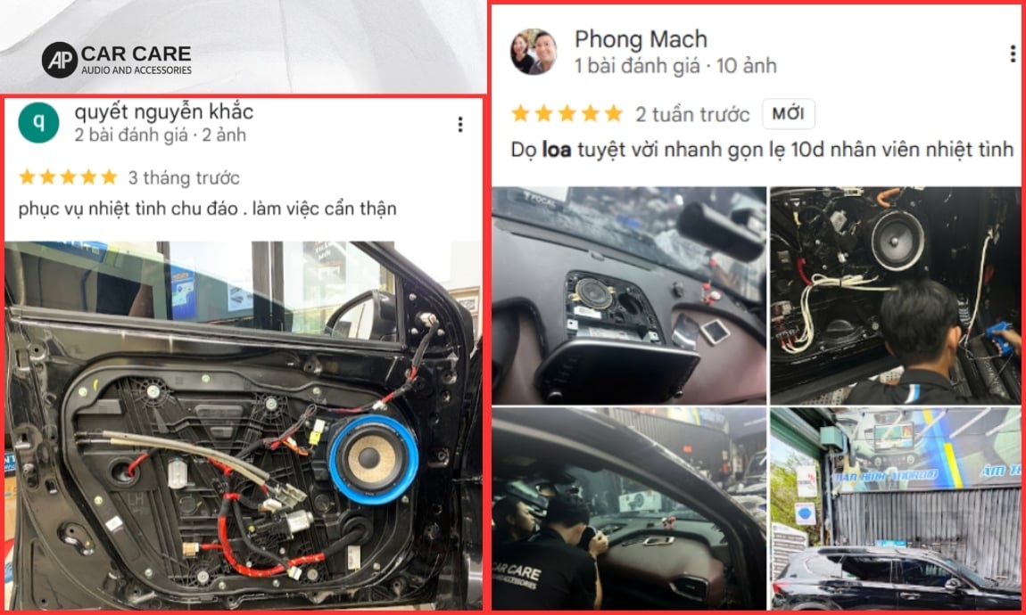 Đánh giá 5 sao từ khách hàng khi sử dụng sản phẩm và dịch vụ lắp đặt loa cánh ô tô tại AP Car Care