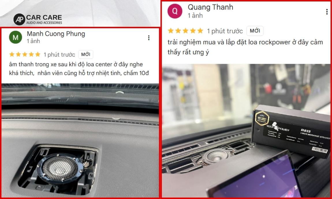 Đánh giá 5 sao từ khách hàng khi sử dụng sản phẩm và dịch vụ lắp đặt loa trung tâm ô tô tại AP Car Care