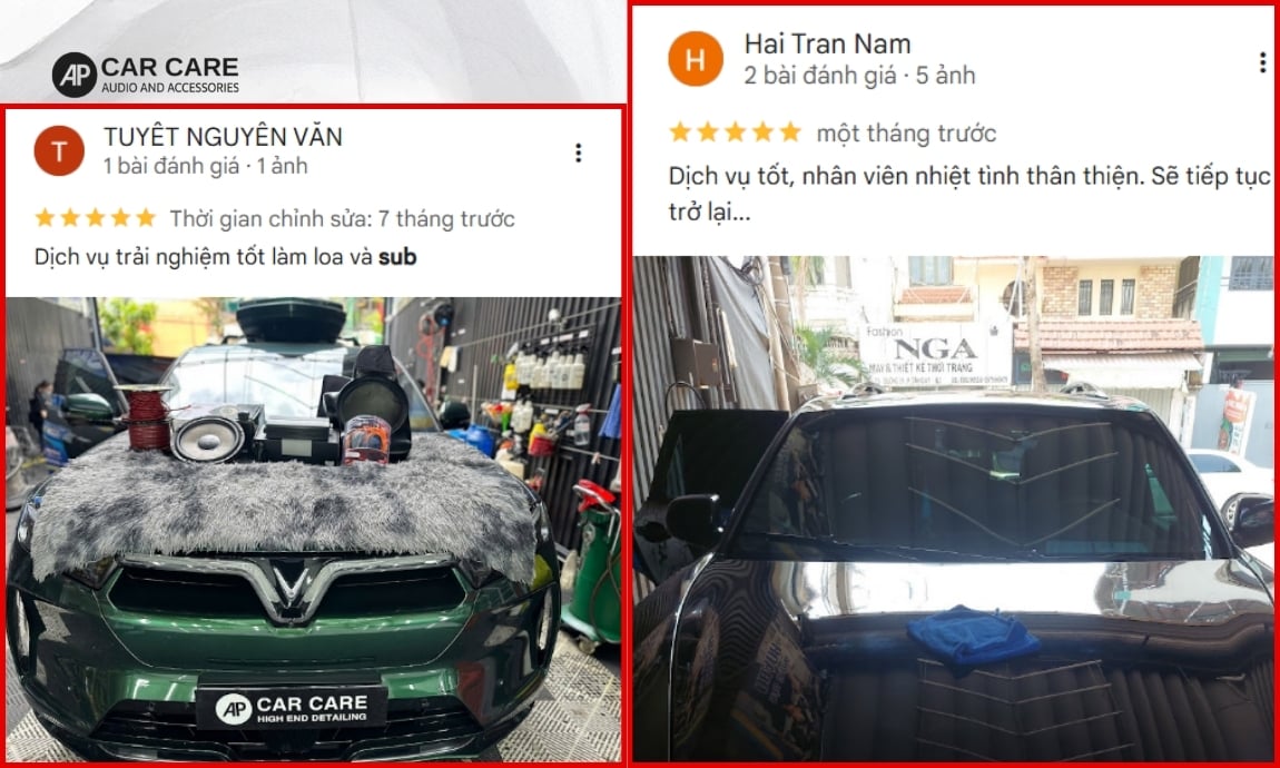Đánh giá 5 sao từ khách hàng khi sử dụng sản phẩm và dịch vụ lắp đặt loa sub ô tô tại AP Car Care: