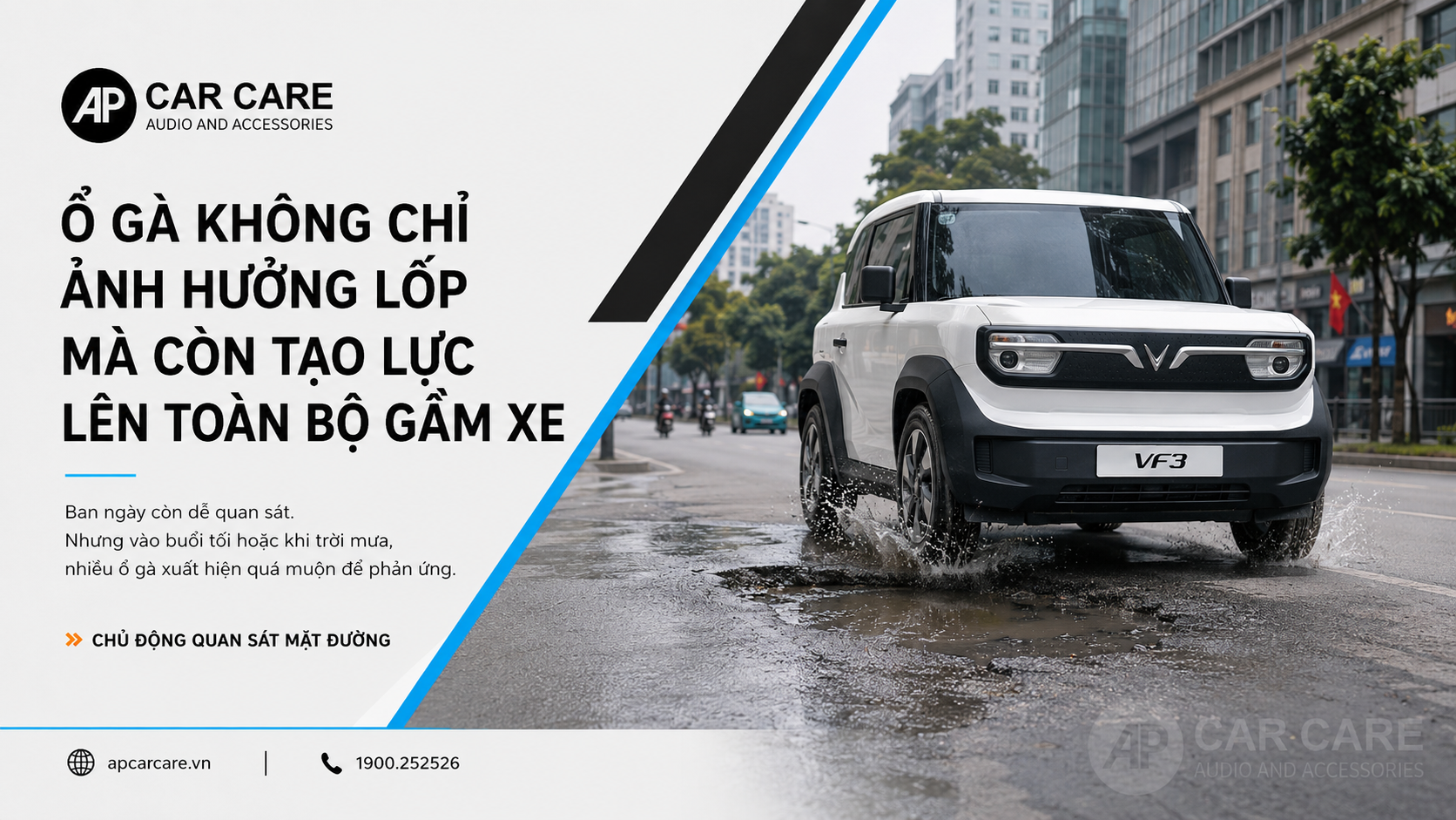 Ổ gà không chỉ ảnh hưởng lốp mà còn tạo lực lên toàn bộ gầm xe