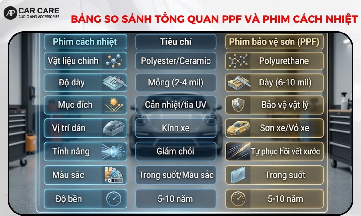Bảng so sánh chi tiết phim&nbsp;PPF và phim cách nhiệt