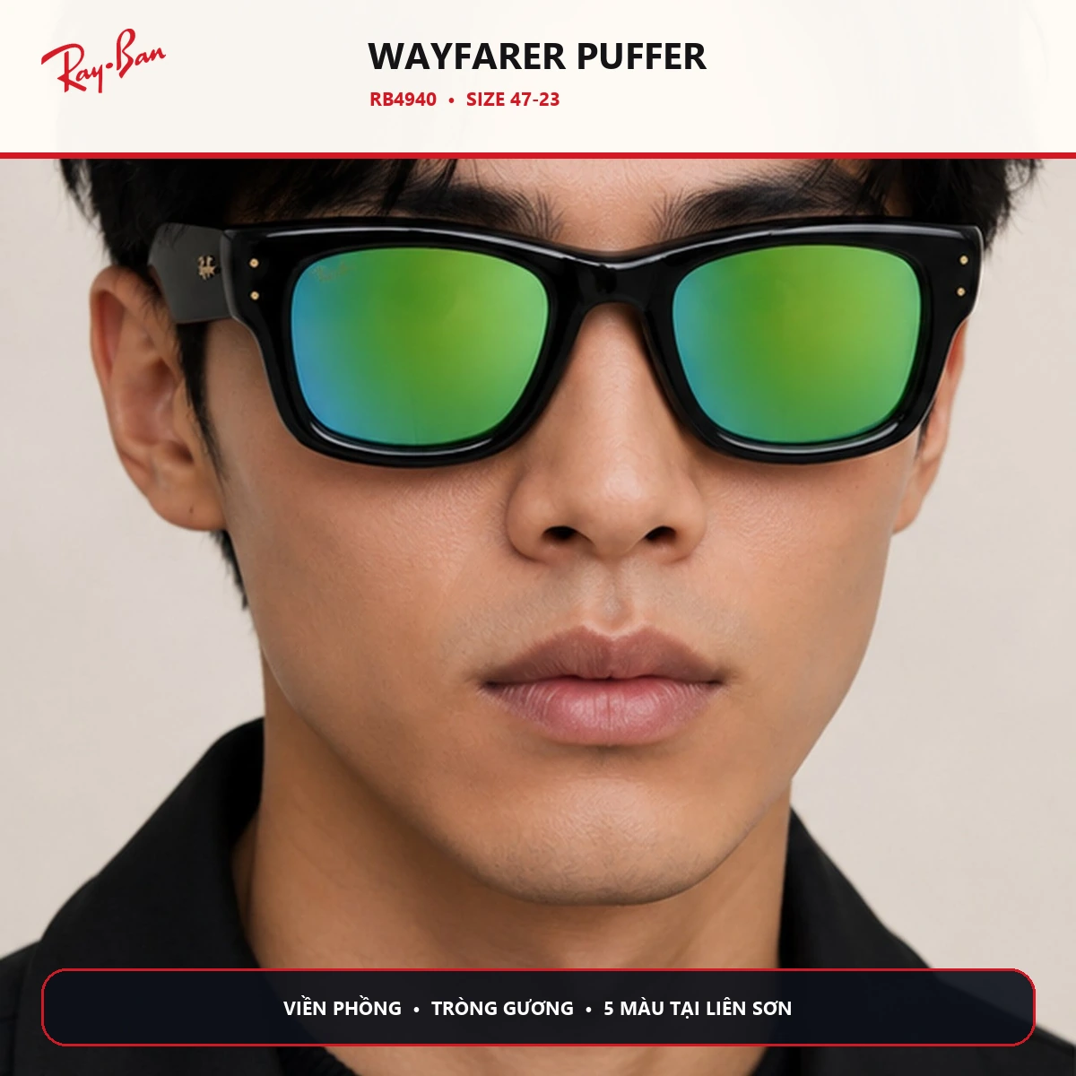 Người mẫu đeo Rayban A$AP Rocky Wayfarer Puffer RB4940