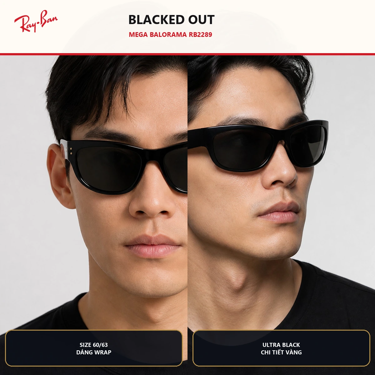 Hai góc đeo Rayban Mega Balorama Blacked Out RB2289