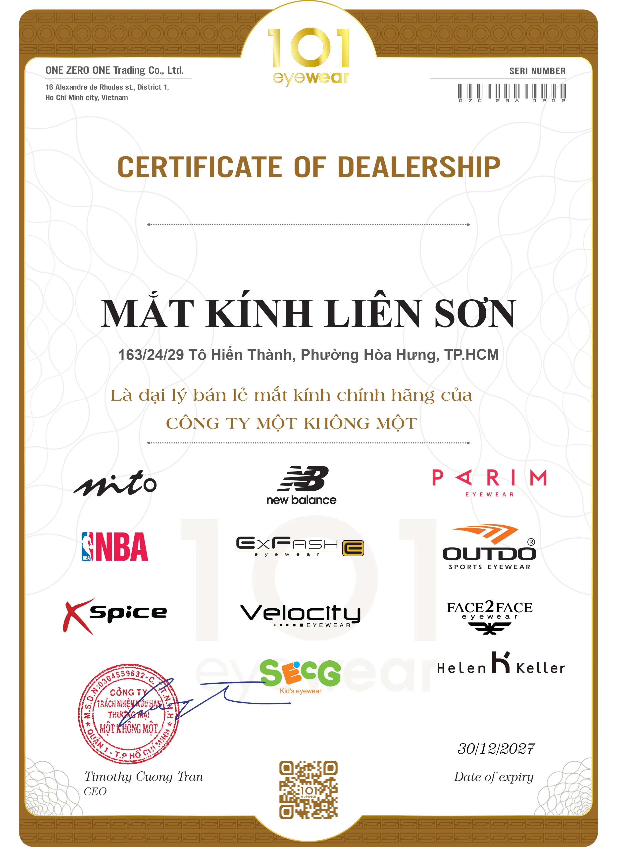 Chứng nhận Liên Sơn Optical Store là đại lý phân phối mắt kính Exfash chính hãng từ 101 Eyewear