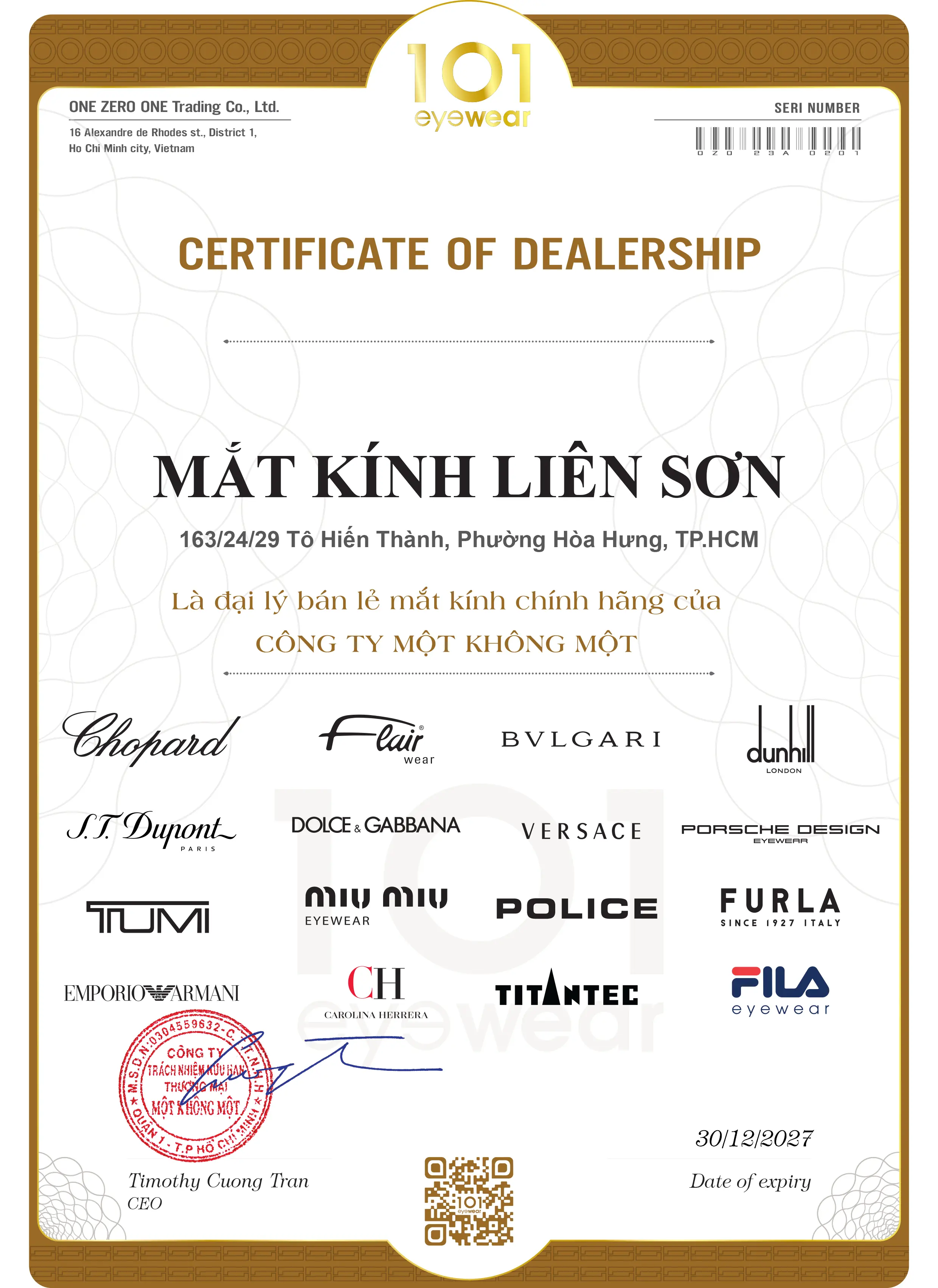 Chứng nhận Liên Sơn Optical Store là đại lý phân phối mắt kính Bvlgari chính hãng từ 101 Eyewear