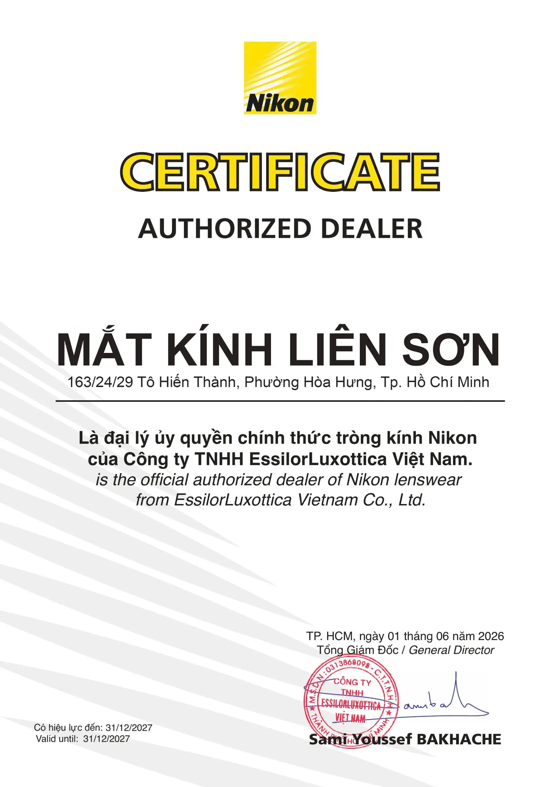 Certificate Authorized Dealer Nikon - Mắt Kính Liên Sơn - EssilorLuxottica Vietnam