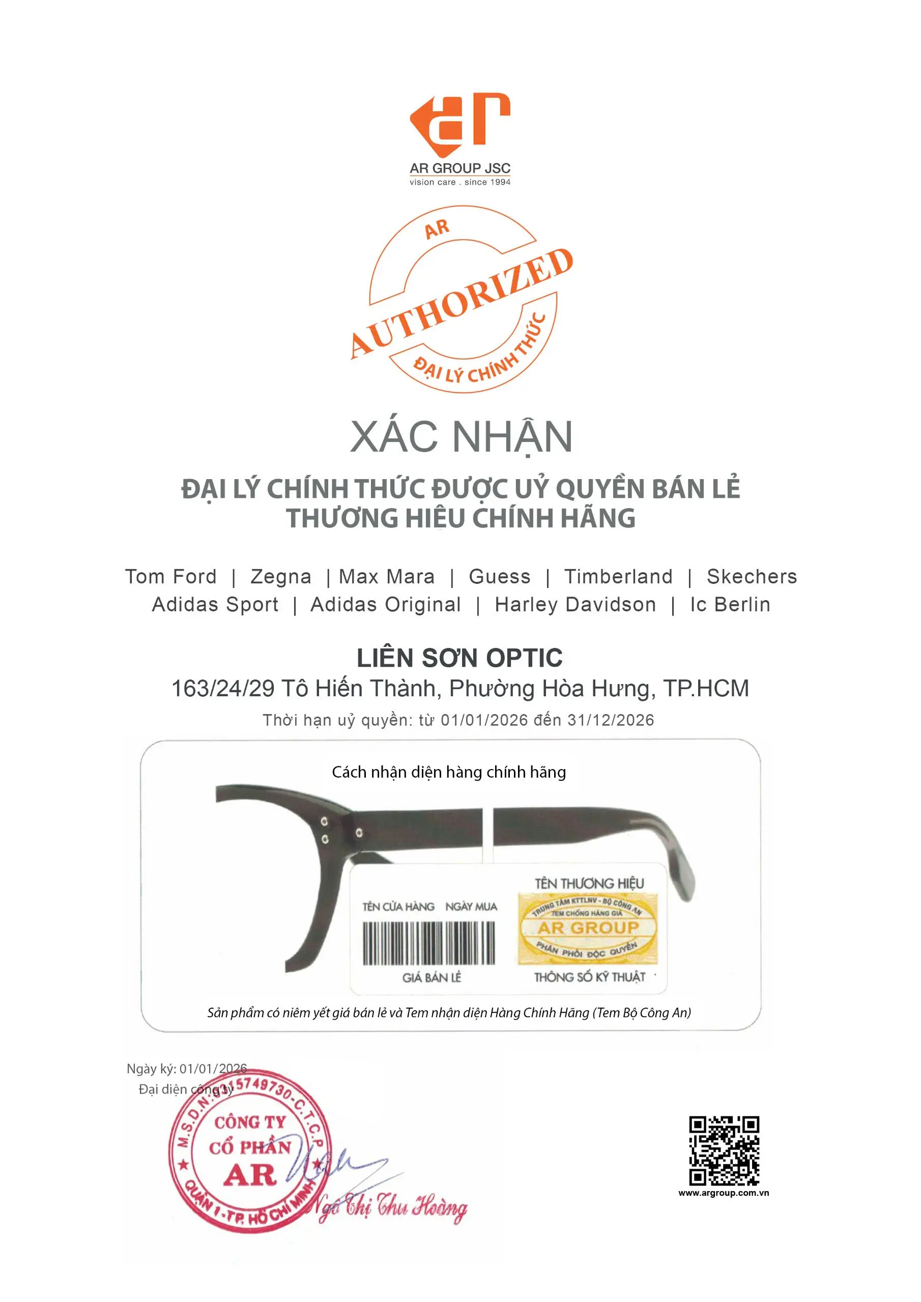 Chứng nhận đại lý phân phối kính Adidas chính hãng (AR Group) tại Liên Sơn Optical Store