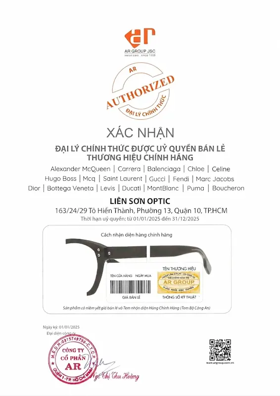 Chứng nhận phân phối kính Celine chính hãng của Liên Sơn Optical Store