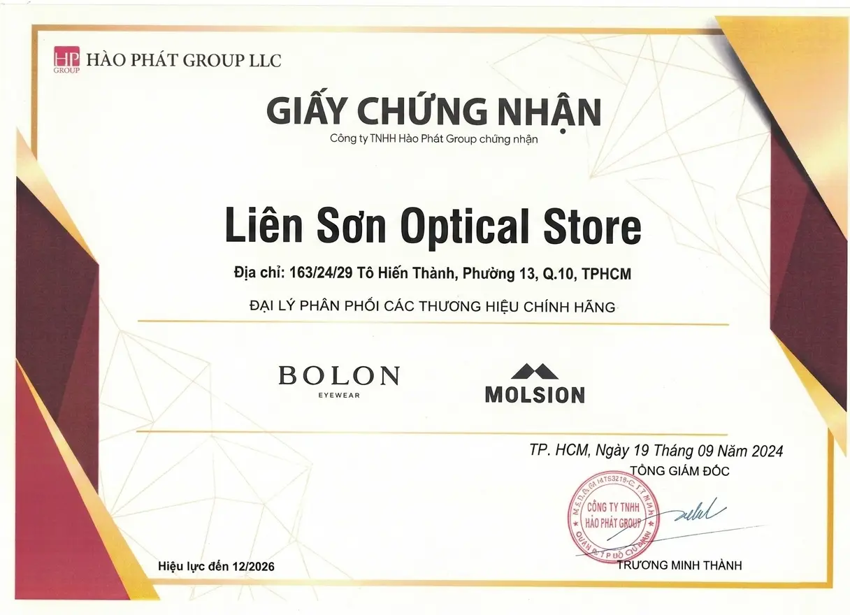 Chứng nhận phân phối kính Bolon chính hãng từ Trương Hào Phát cho Liên Sơn Optical Store