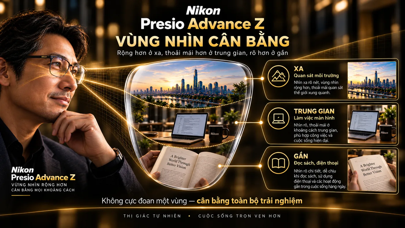Ba vùng nhìn xa trung gian và gần cân bằng trên Nikon Presio Advance Z