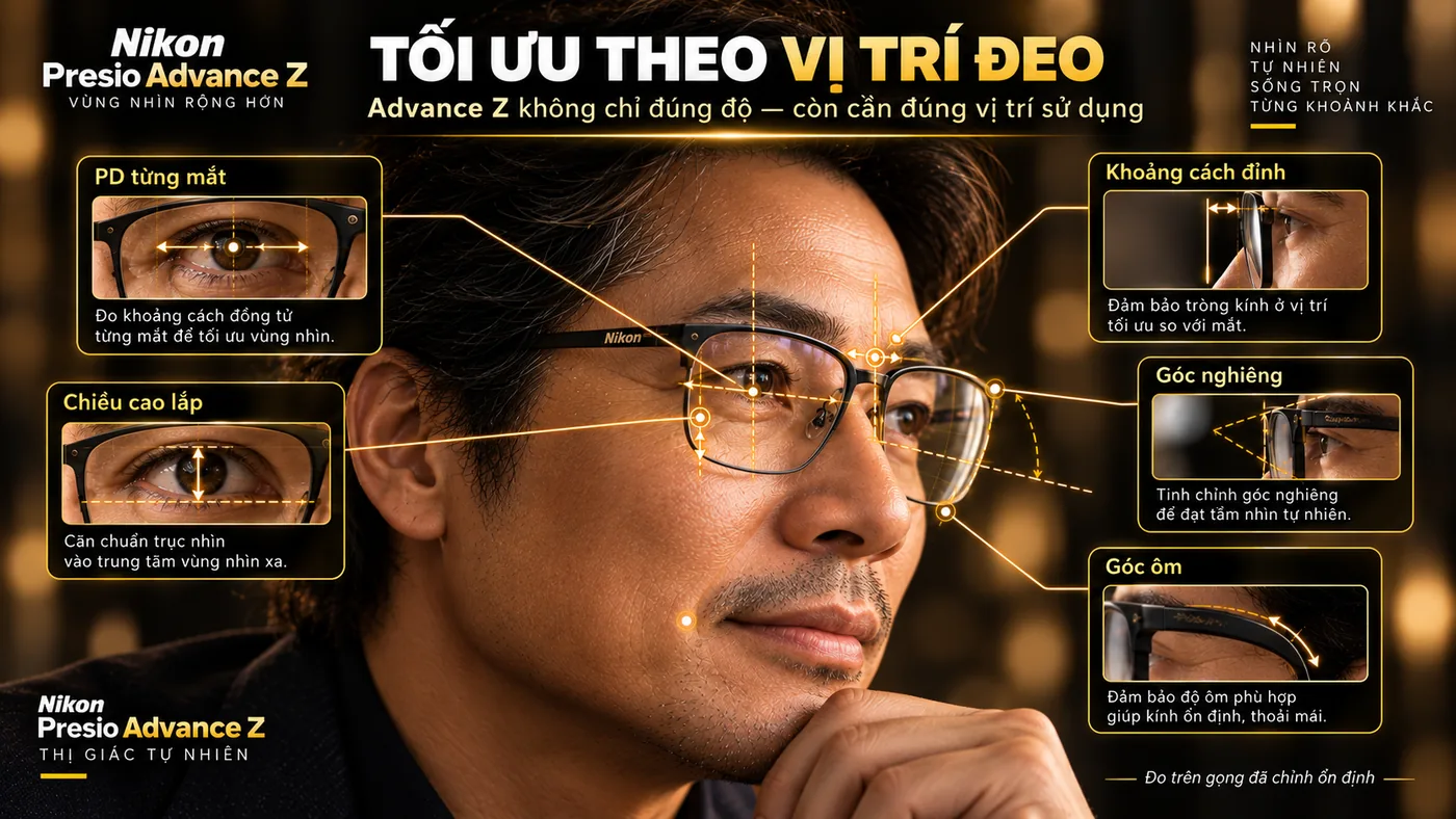 Tối ưu vị trí đeo Nikon Presio Advance Z với PD chiều cao lắp khoảng cách đỉnh góc nghiêng và góc ôm