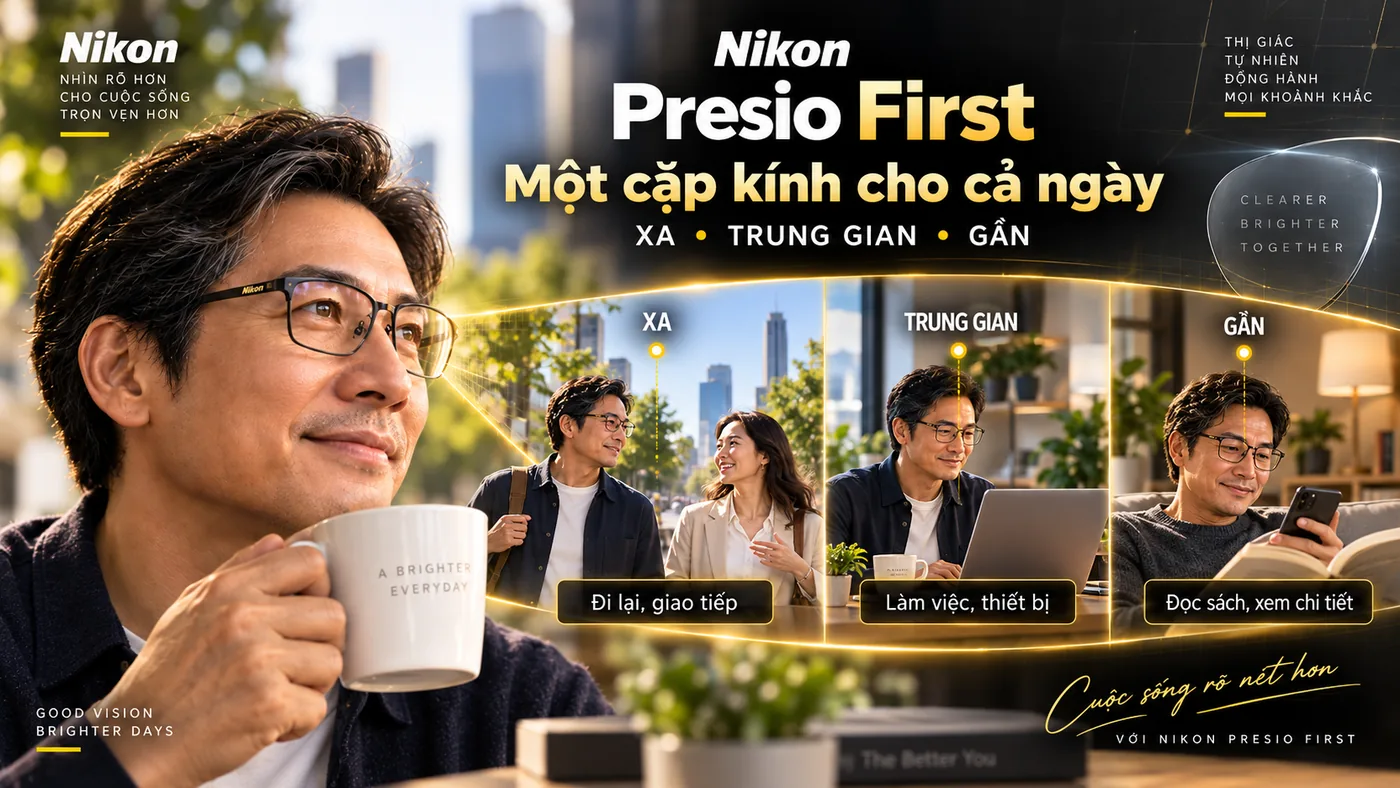 Nikon Presio First cho ba khoảng nhìn xa trung gian và gần trong cả ngày