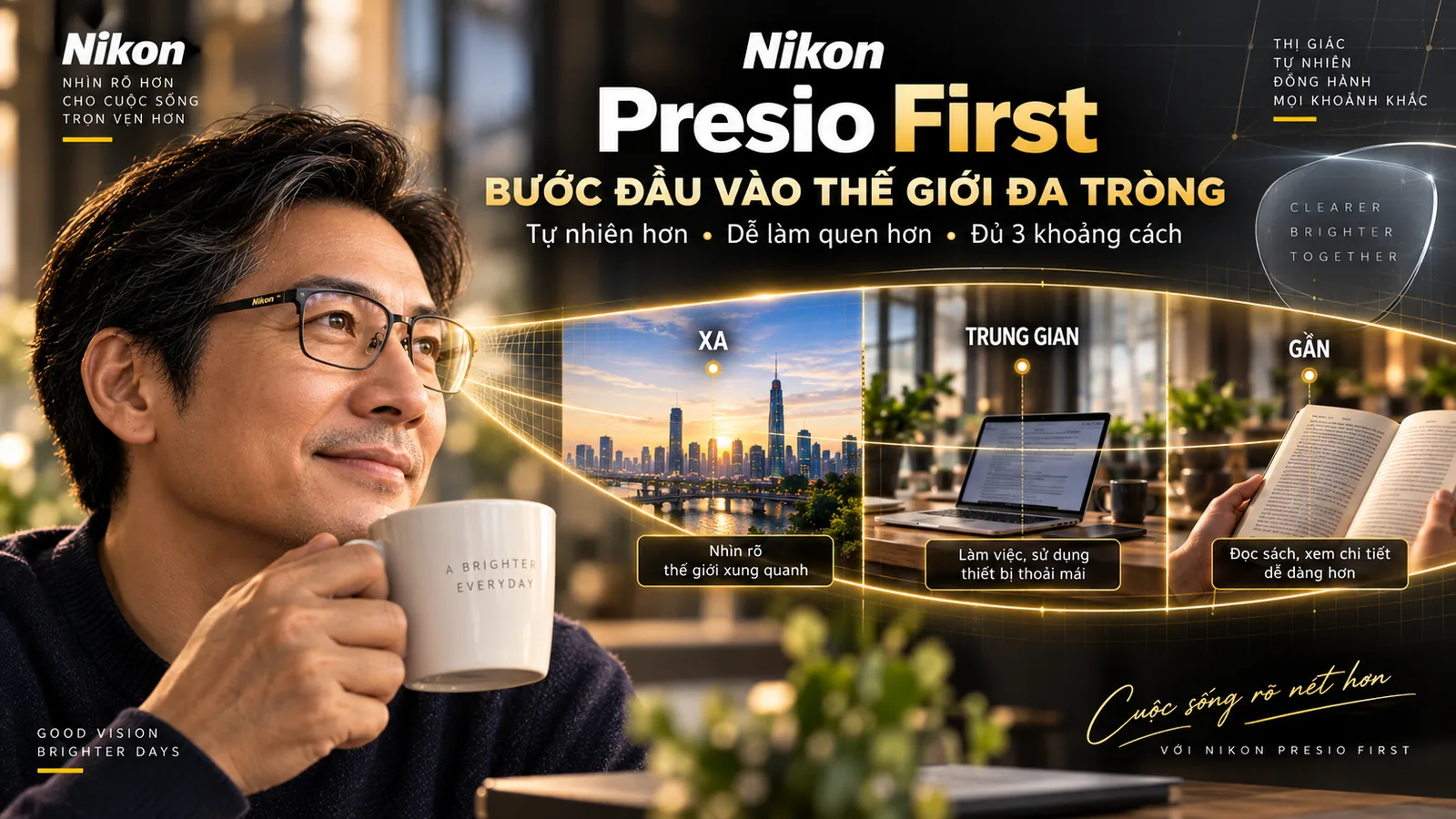 Nikon Presio First tròng đa tròng đầu tiên với ba khoảng nhìn xa trung gian và gần