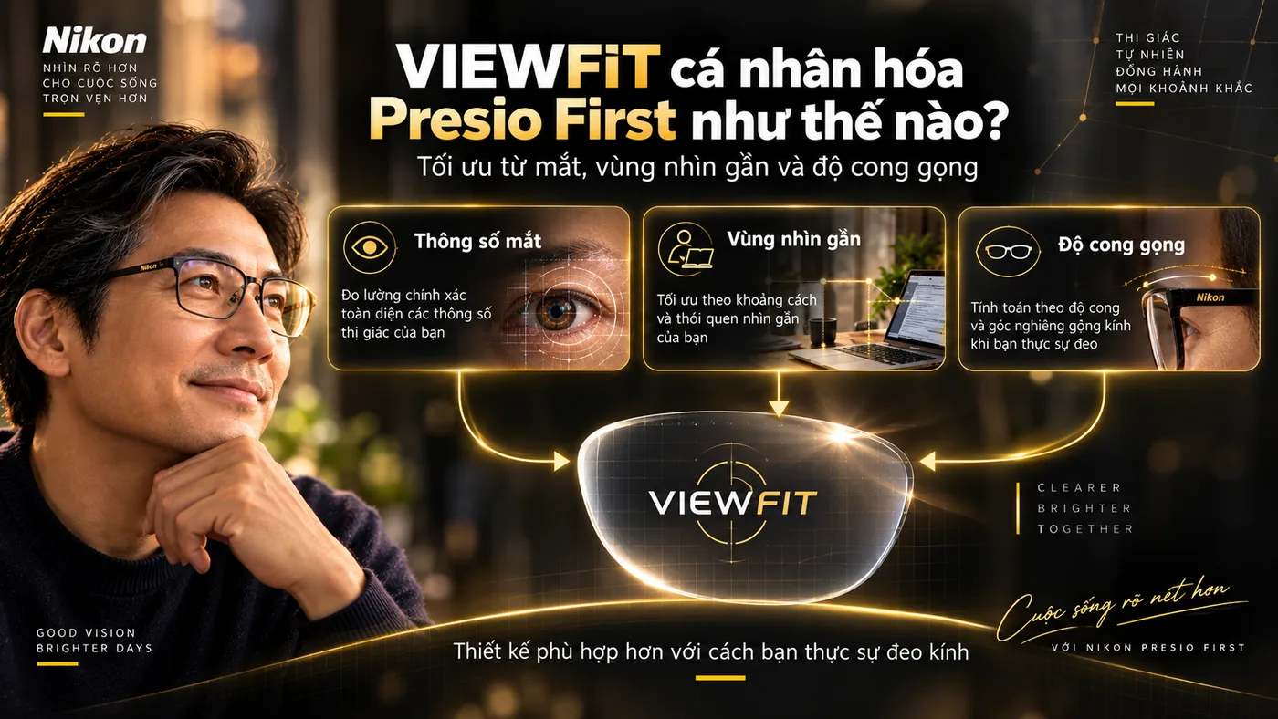 VIEWFIT cá nhân hóa Nikon Presio First theo thông số mắt vùng nhìn gần và độ cong gọng