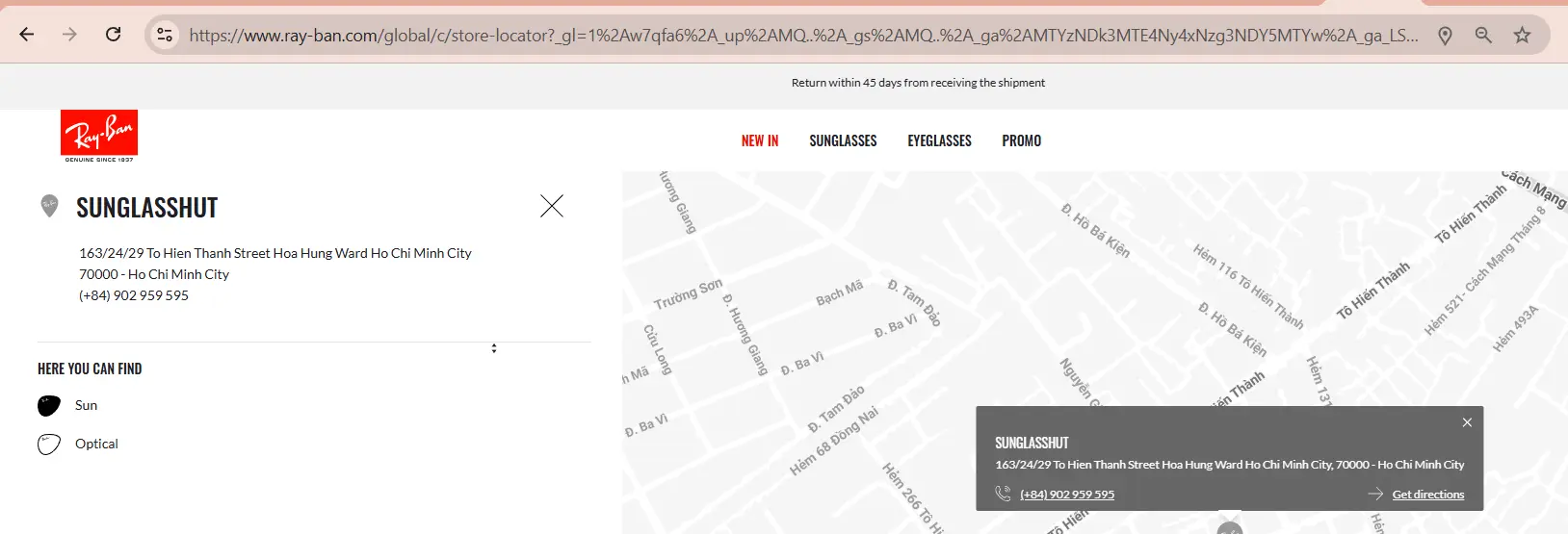 Ray-Ban Store Locator hiển thị điểm bán tại 163/24/29 Tô Hiến Thành