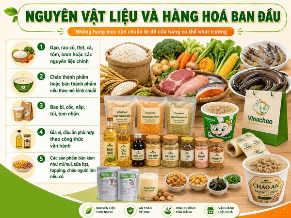 Nguyên liệu và hàng hoá ban đầu cho cửa hàng cháo dinh dưỡng nhượng quyền