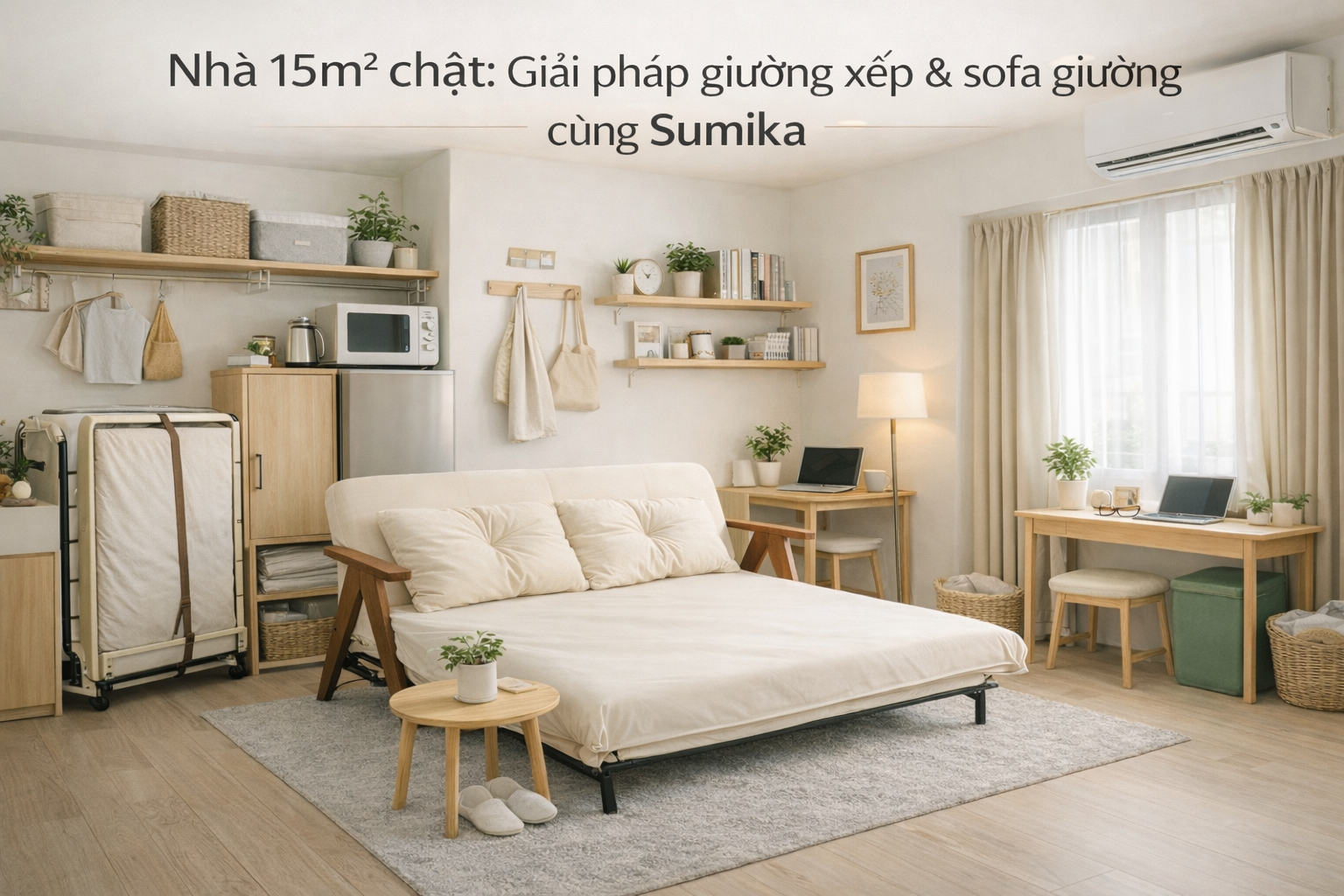 Nhà 15m2 chật: Giải pháp giường xếp & sofa giường cùng Sumika
