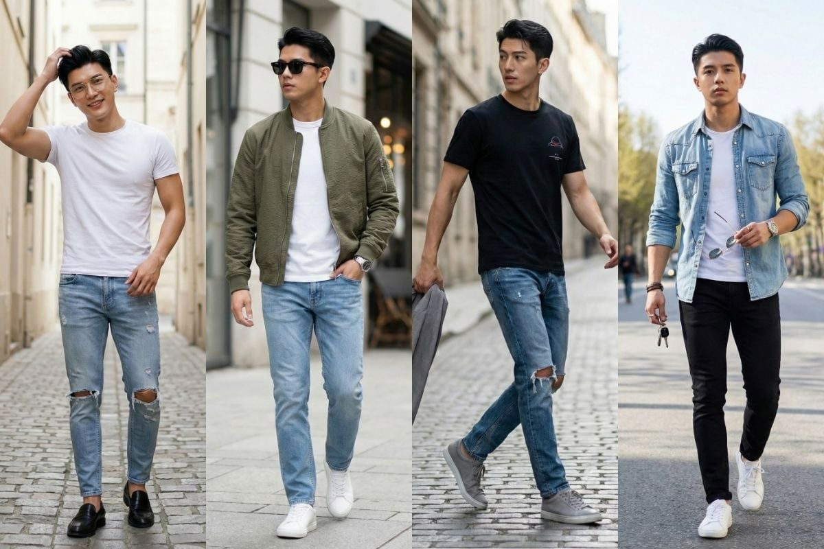 9 outfit  quần jean áo thun nam chuẩn trend dễ ứng dụng