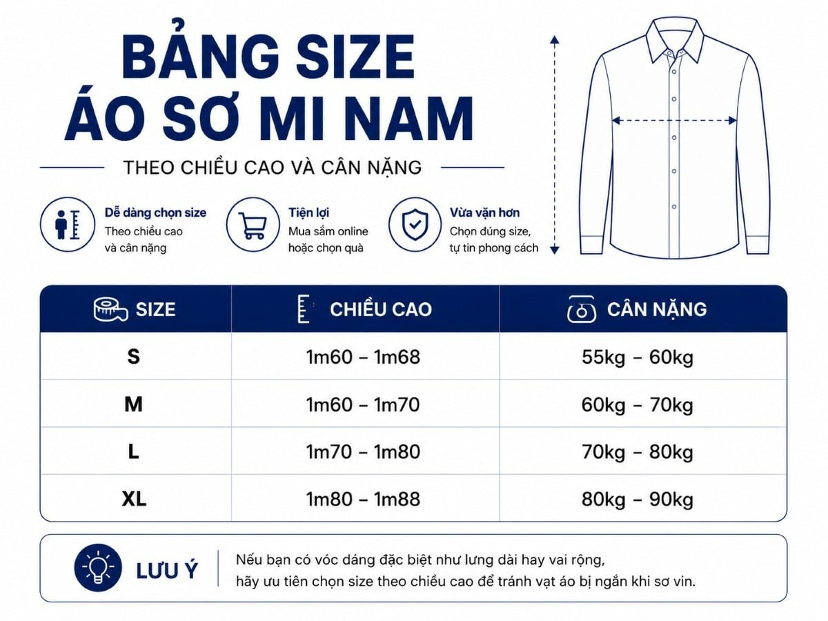 Bảng size áo sơ mi nam theo cân nặng chiều cao
