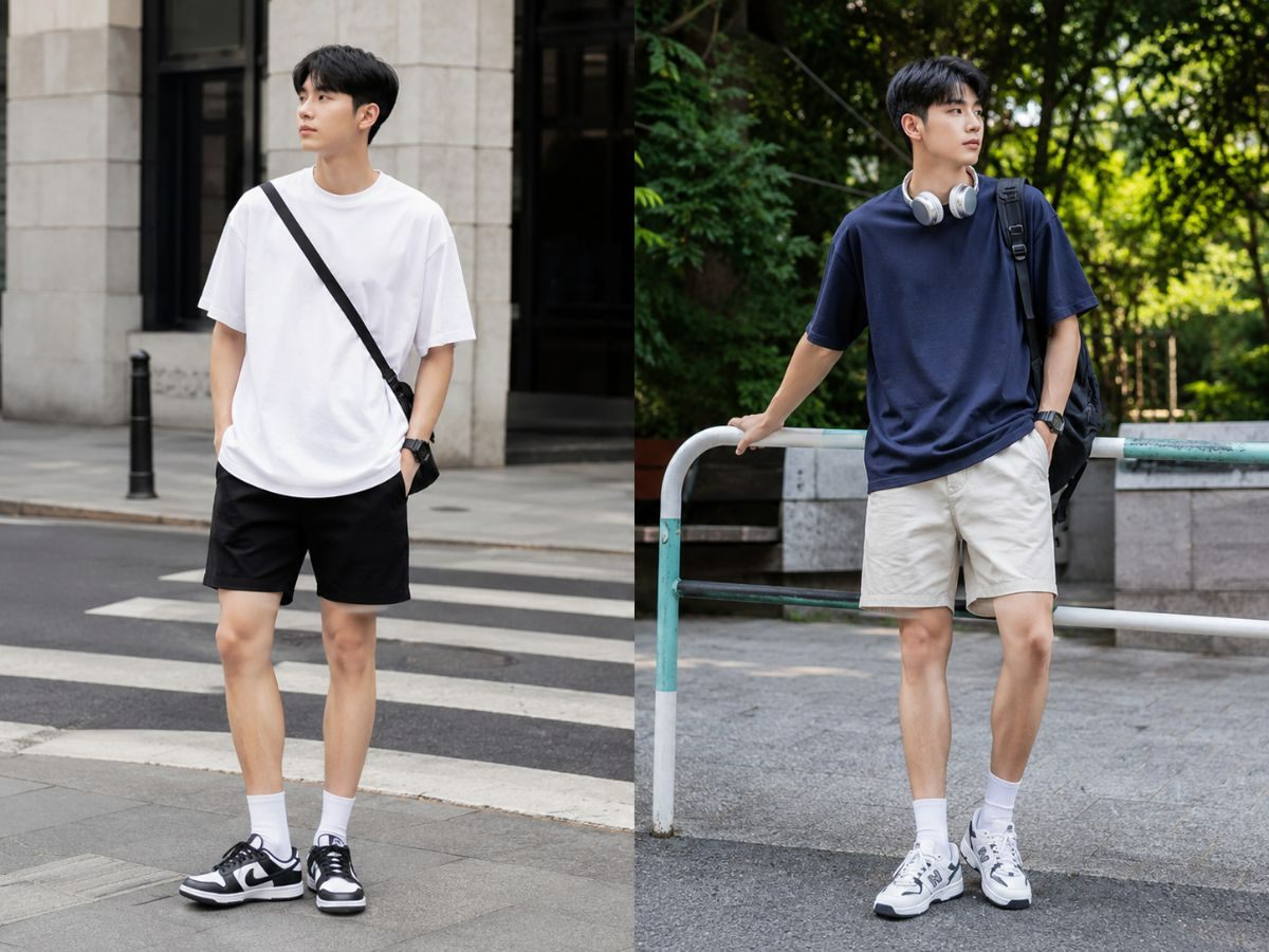 Phối áo thun rộng với quần short thể thao