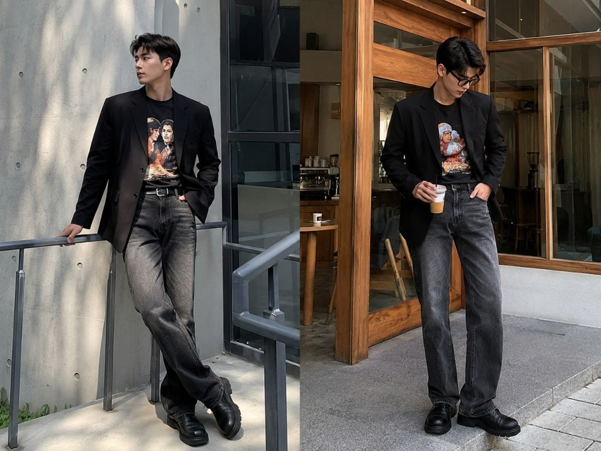 Phối blazer, áo thun graphic và quần jeans