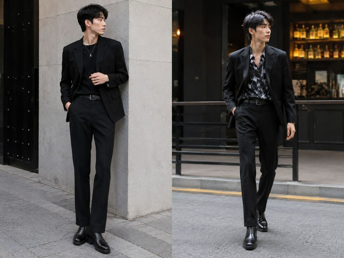 Phối áo blazer đen, áo thun và sơ mi họa tiết