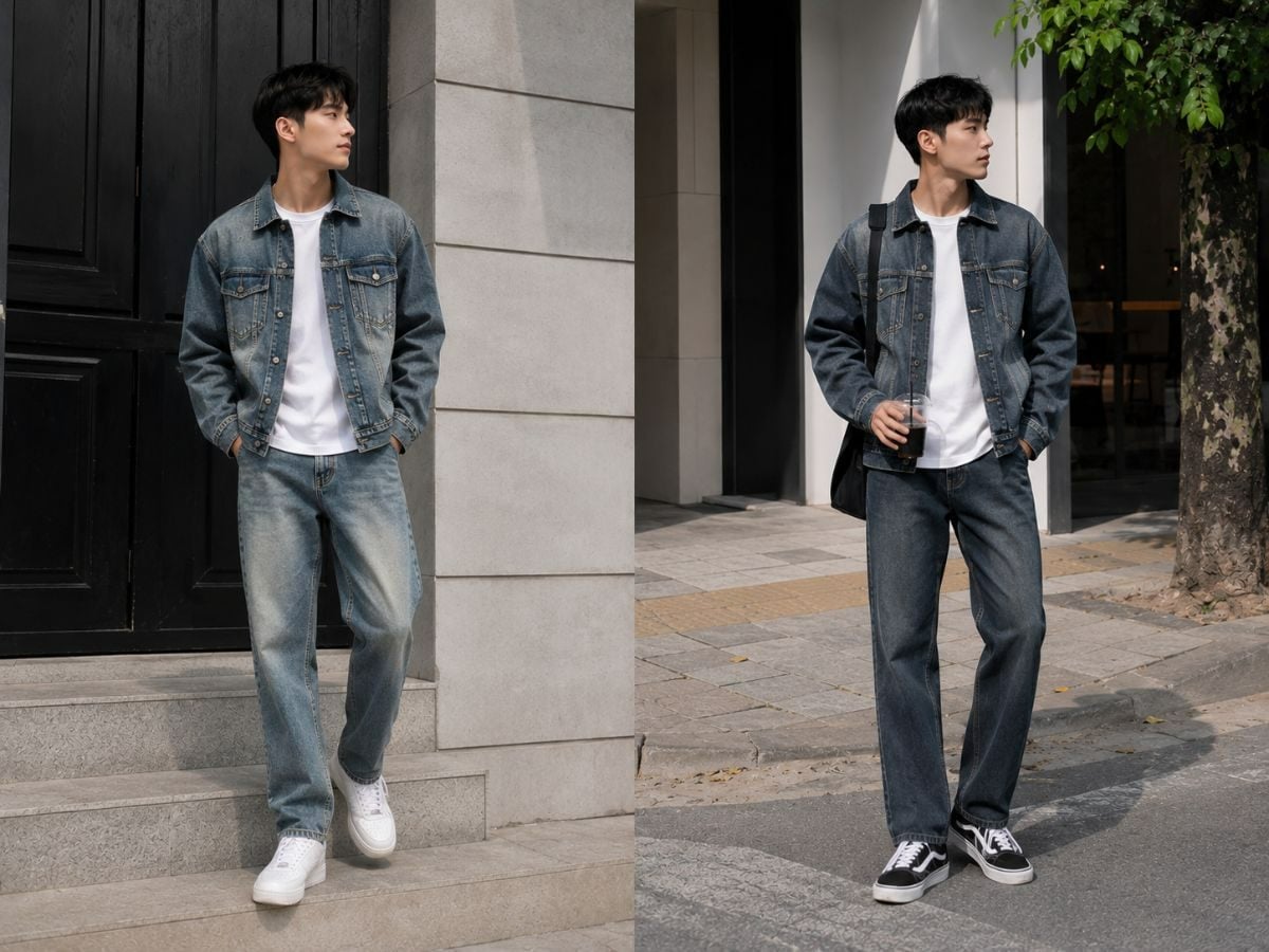 Áo khoác denim boxy phối áo thun trắng và quần jean