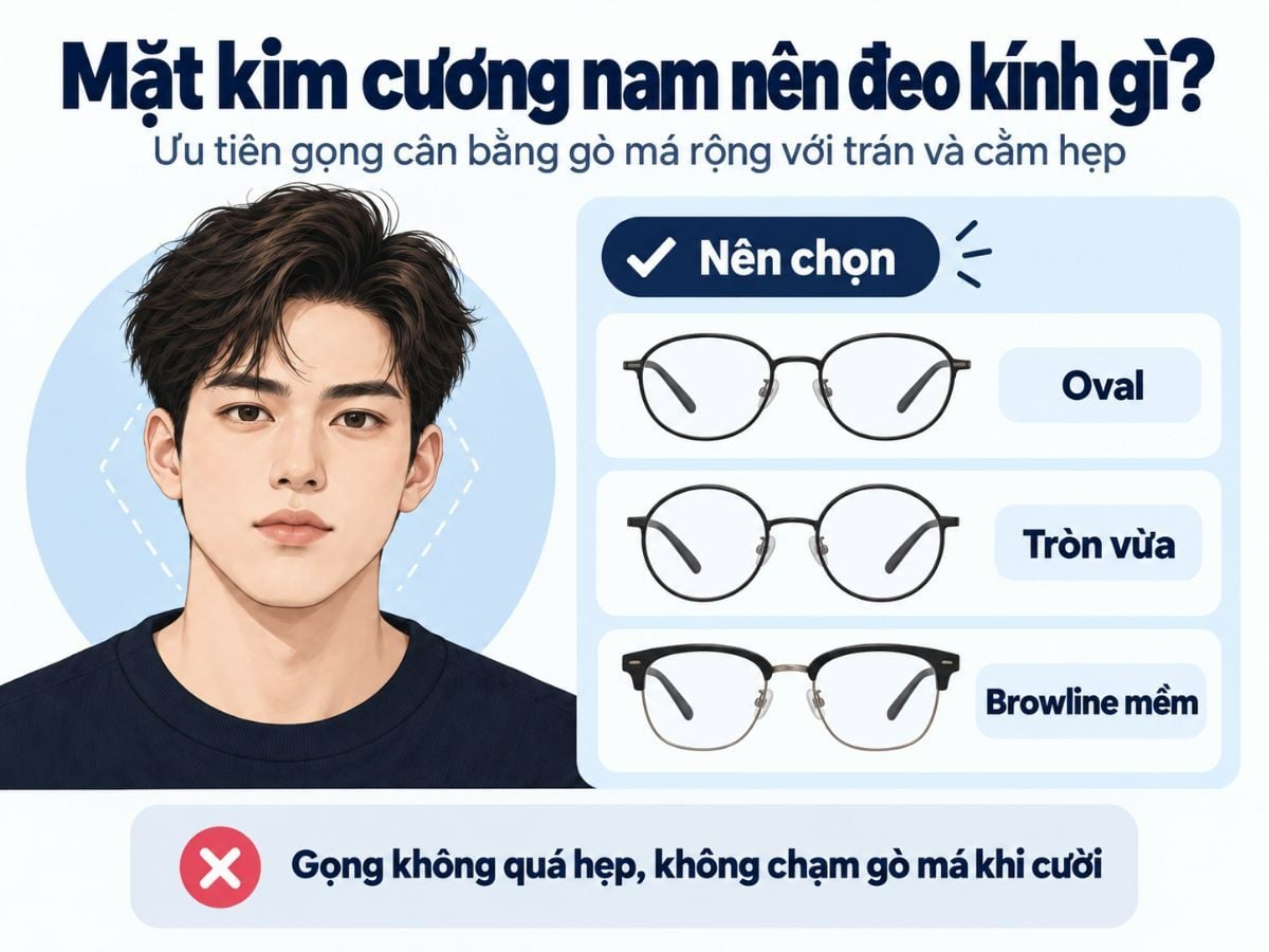 Mặt kim cương nên chọn gọng oval, tròn vừa, browline mềm