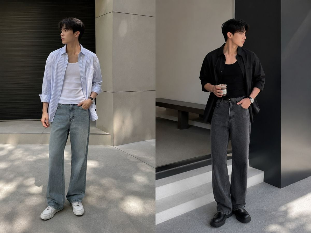 Tank top layer sơ mi mở cúc phối jean suông đầy phóng khoáng
