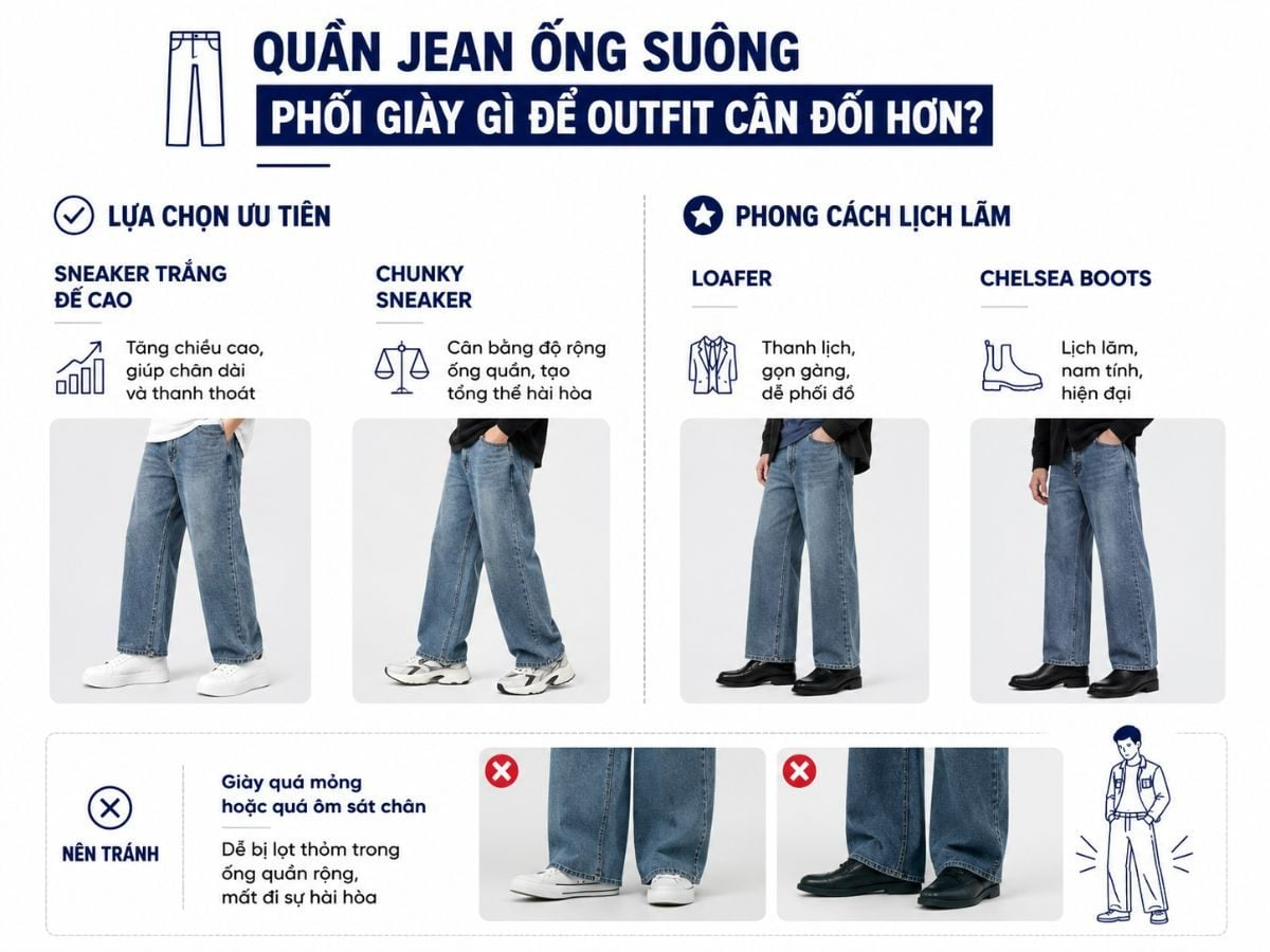 Chọn giày phù hợp giúp jean ống suông cân đối và dễ mặc hơn