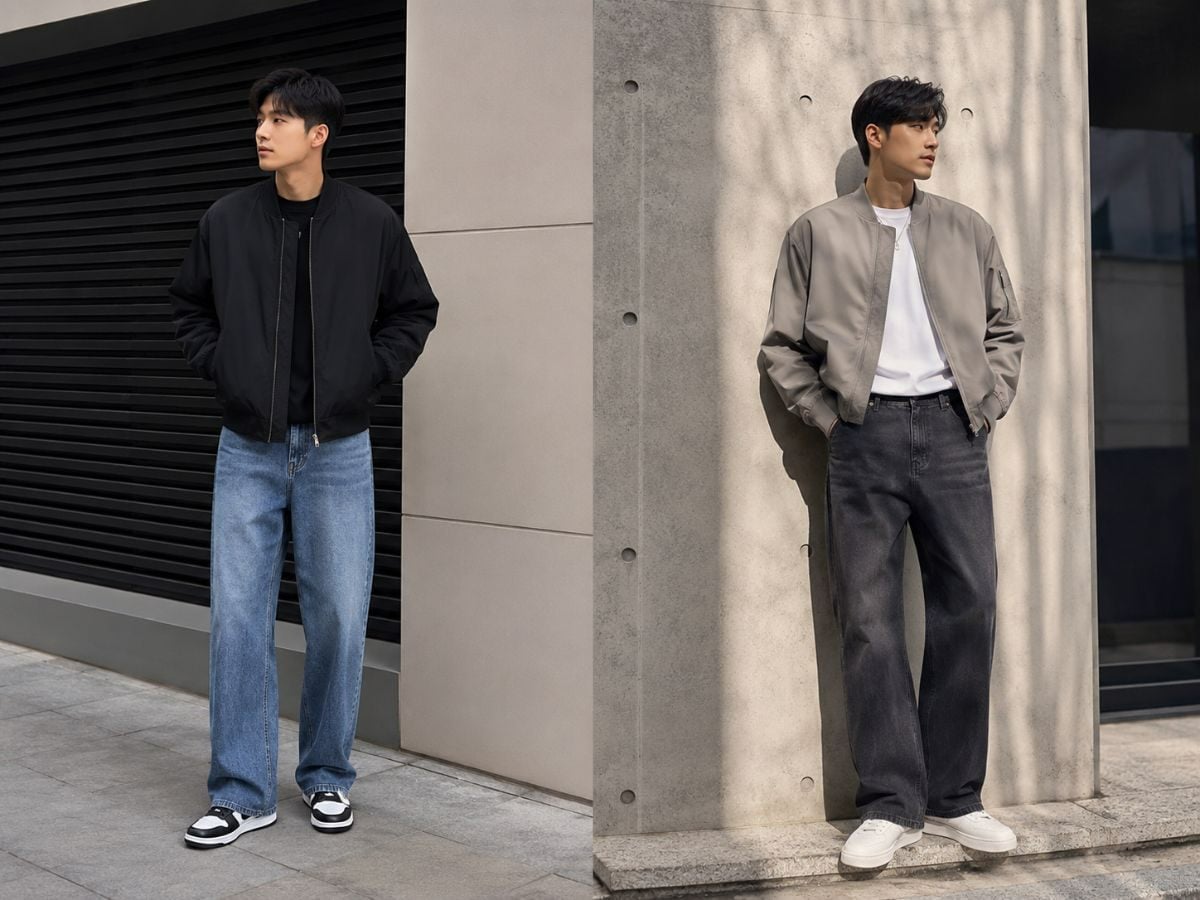 Bomber tối giản phối jean ống suông cho diện mạo gọn gàng