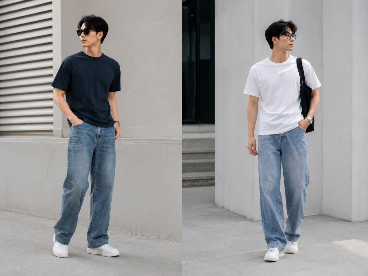 Áo thun basic phối jean ống suông tạo vẻ ngoài gọn gàng
