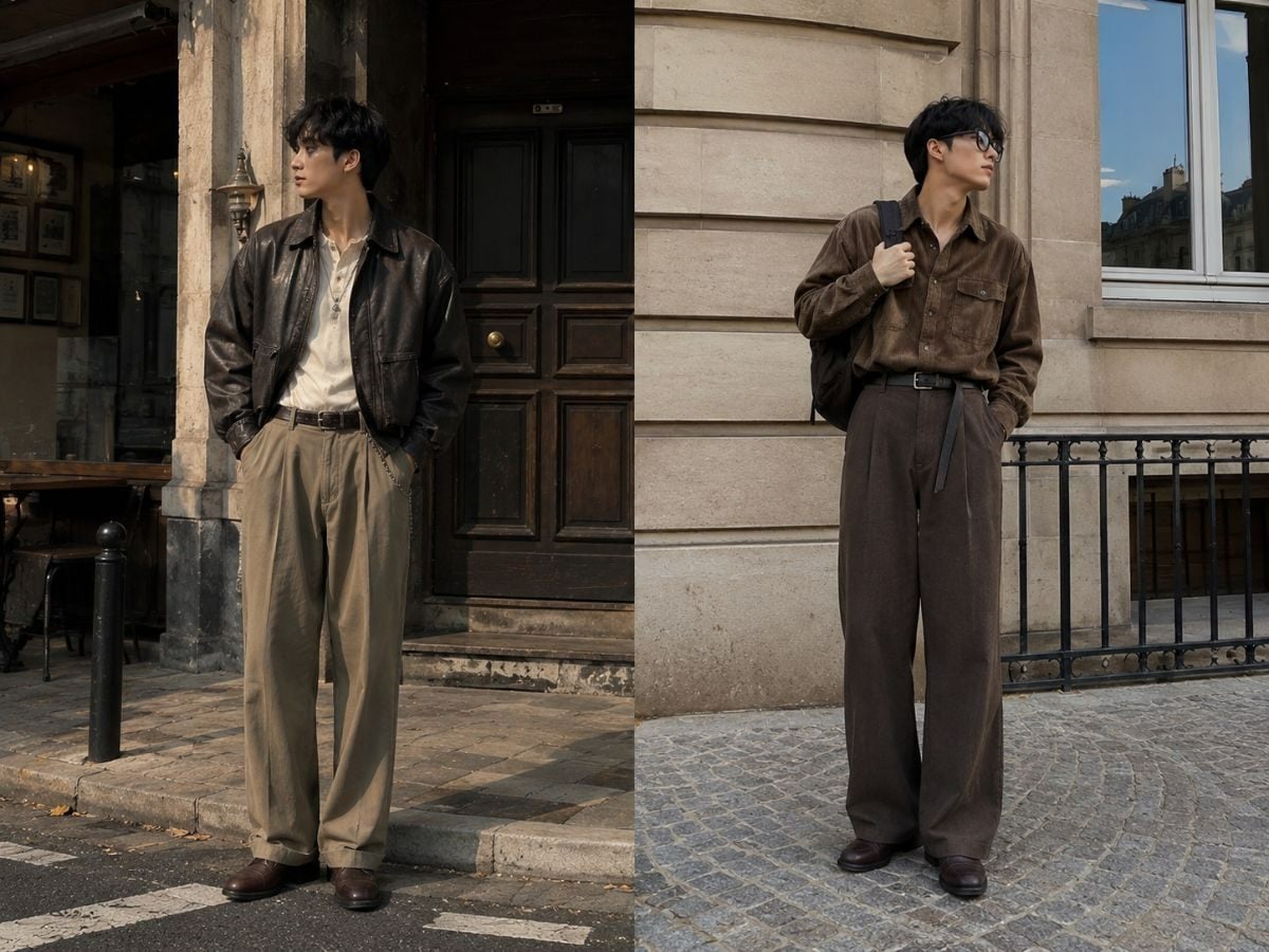 Nam giới phối áo khoác da, quần kaki và sơ mi mang tinh thần vintage