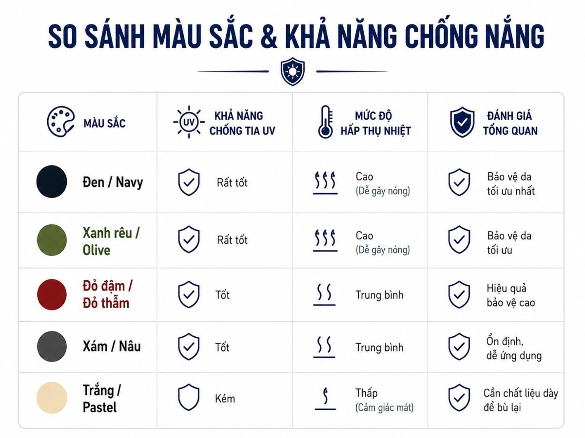 Bảng so sánh màu áo theo khả năng cản UV và mức hấp thụ nhiệt