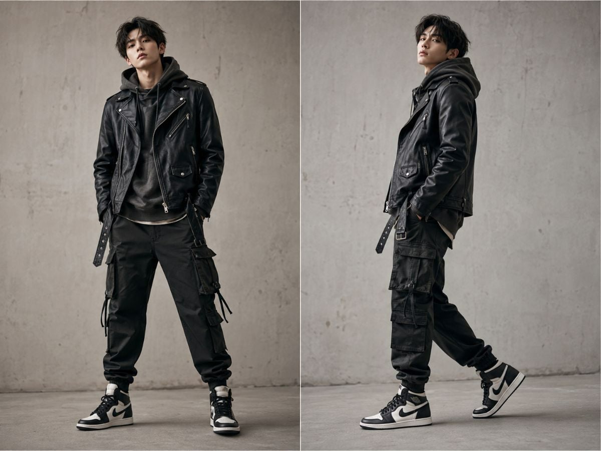 Áo khoác biker layer hoodie cùng quần cargo màu tối