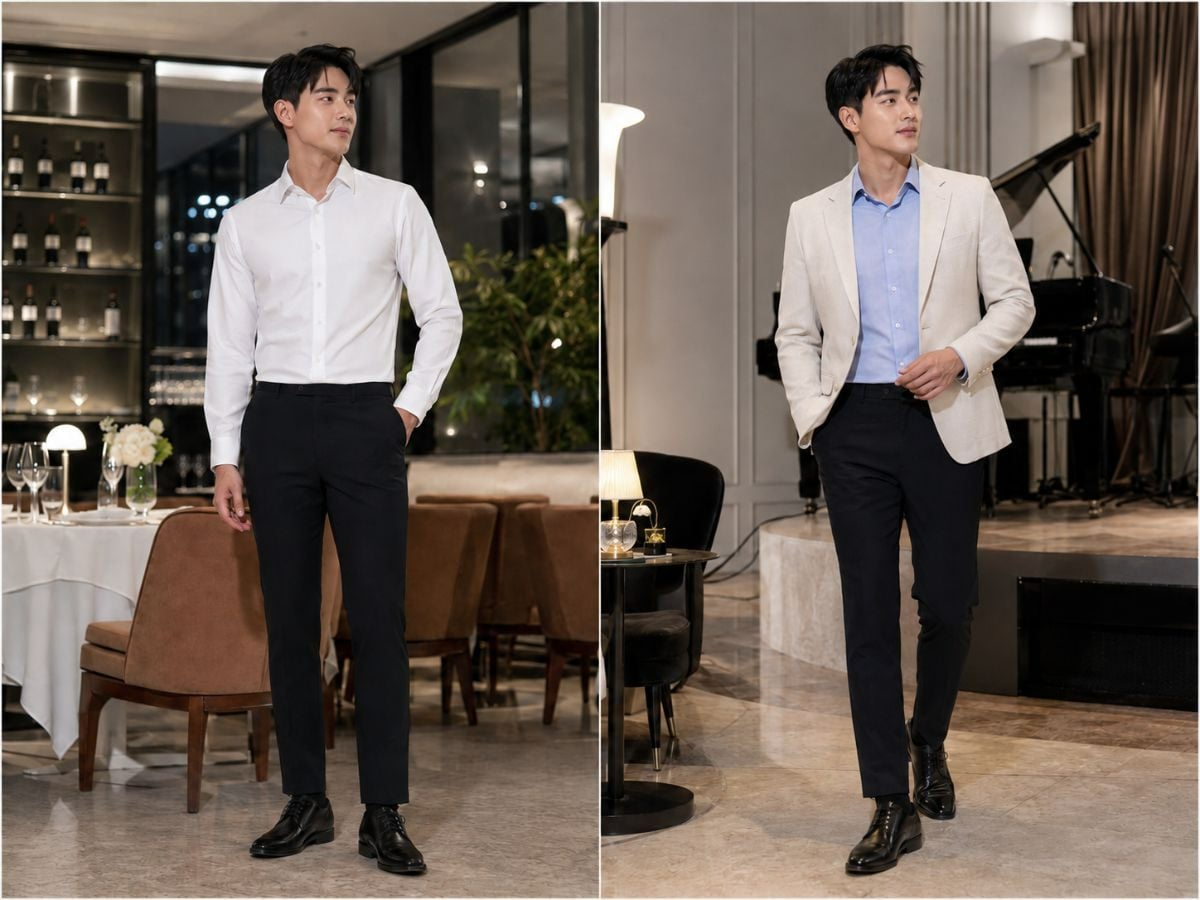 Nam mặc sơ mi sáng màu phối quần tây tối màu đi họp lớp