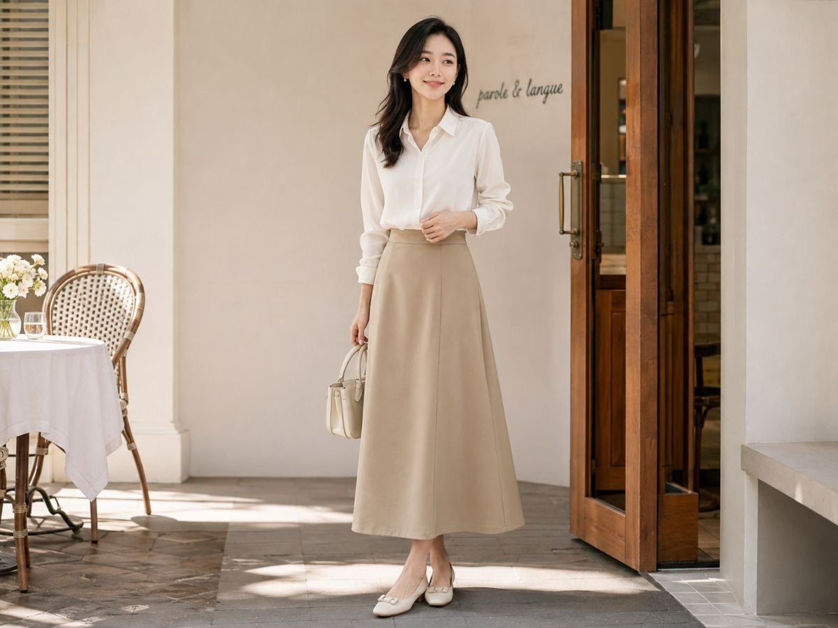 Nữ mặc sơ mi phối chân váy dáng dài đi họp lớp