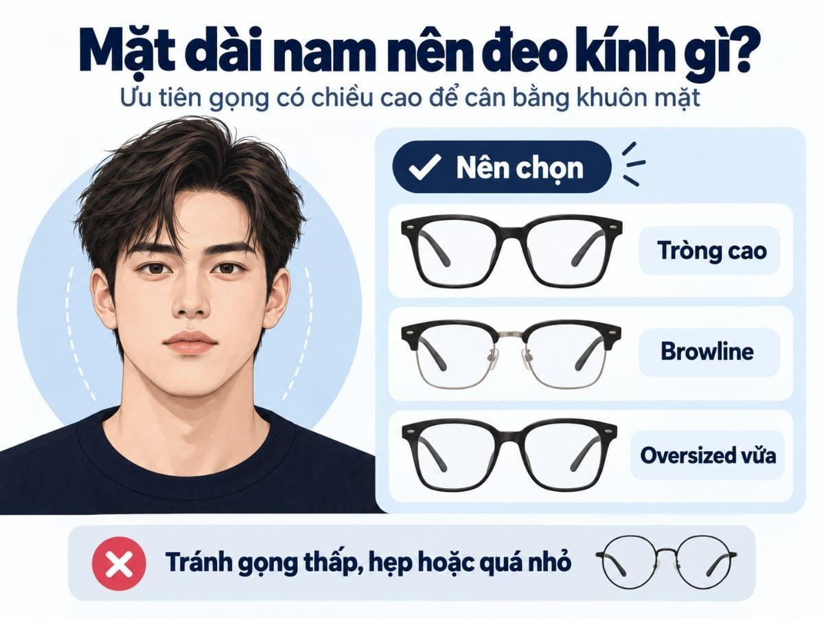 Mặt dài nên chọn gọng cao, browline, oversized