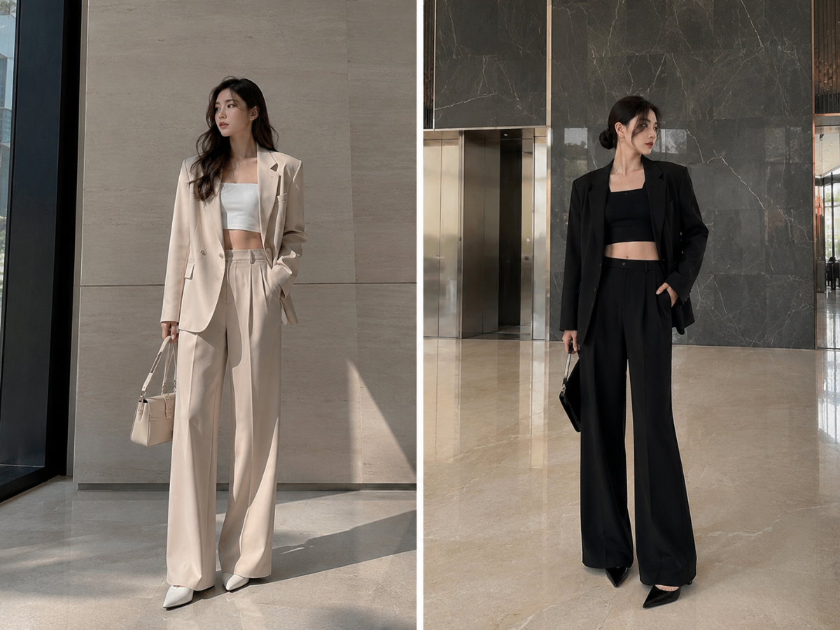 Blazer oversize phối áo croptop và quần tây
