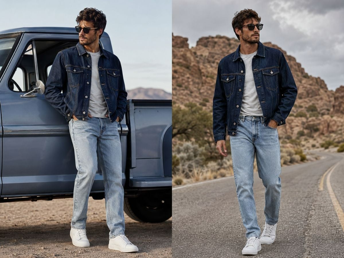 Áo khoác denim xanh đậm phối jeans xanh nhạt và áo thun trơn