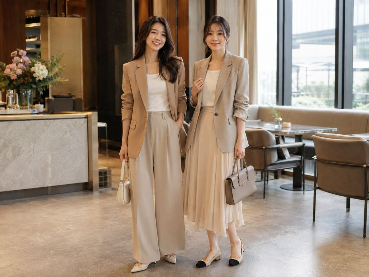 Nữ mặc blazer phối quần tây và chân váy đi họp lớp